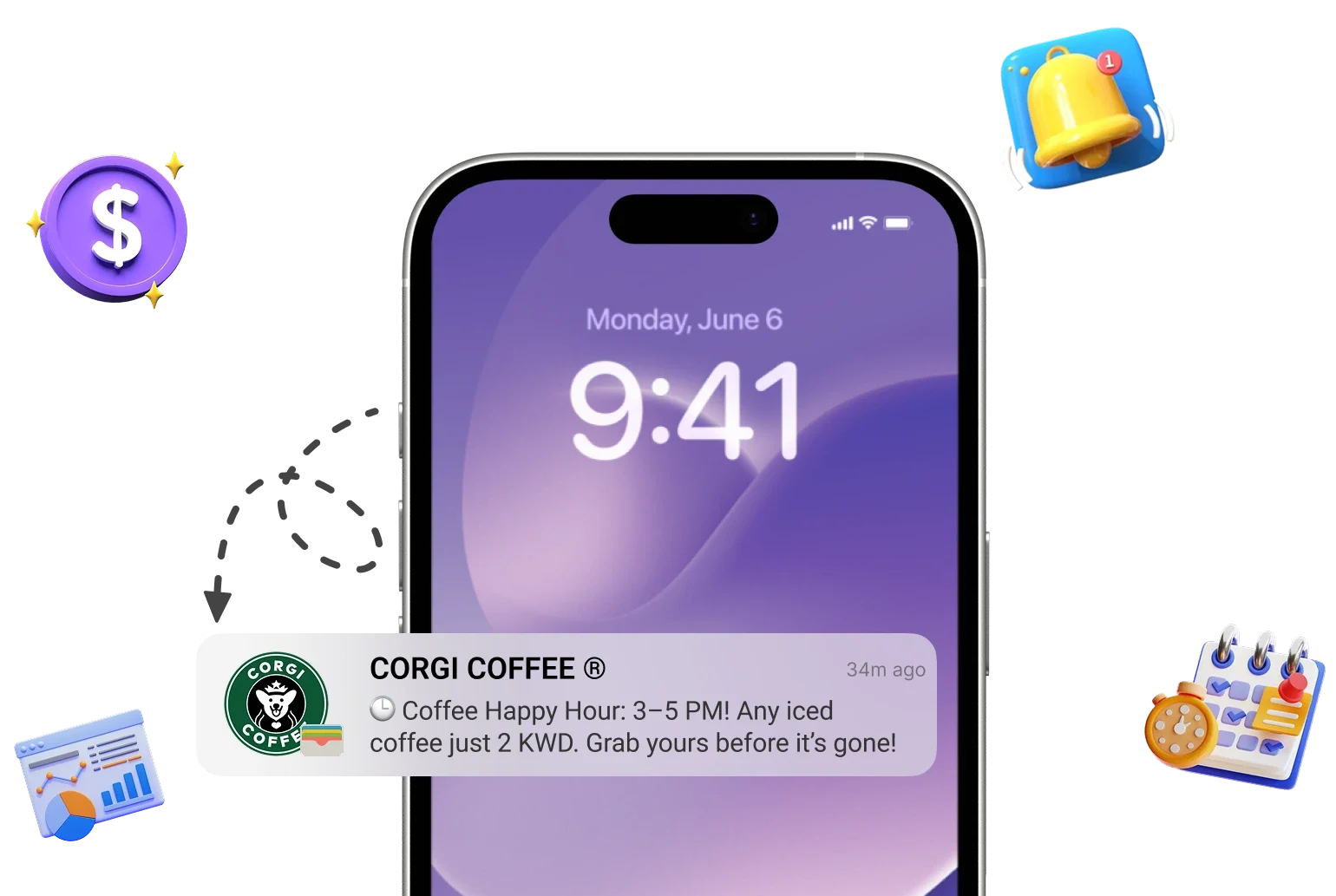 Mobile wallet push notification showing coffee shop deal promotion on iPhone home screen