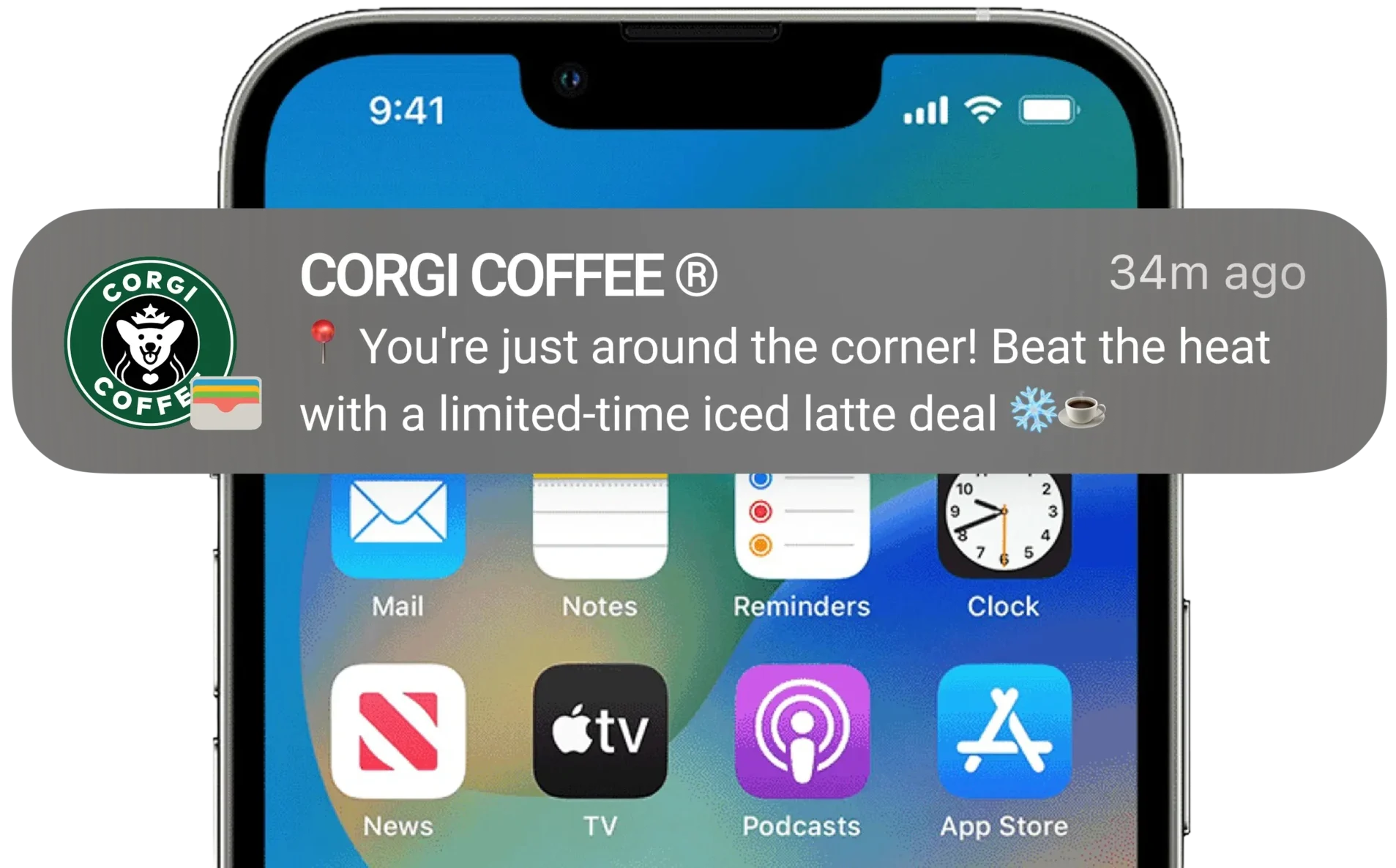 Digital wallet notification on iPhone displaying coffee loyalty rewards pushed by apple wallet