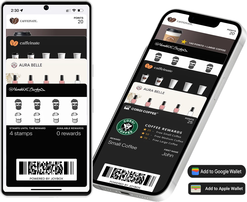 loyalty cards for coffee shops, salons, and barbers shown in a digital wallet app, with options to add to Google Wallet and Apple Wallet, powered by Joybox.