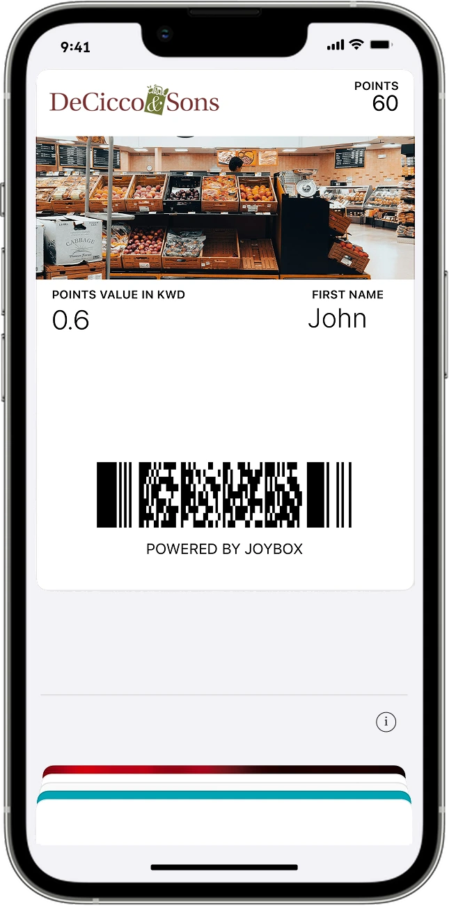 grocery store in Kuwait using a points card loyalty program, with rewards added to Google Wallet and Apple Wallet, powered by Joybox.