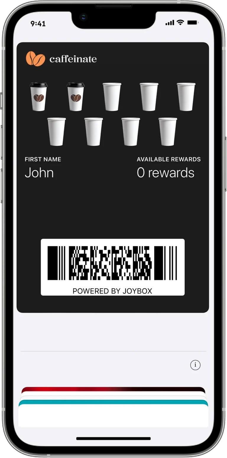 Coffee shop in Kuwait using a digital stamp card loyalty program, with rewards added to Google Wallet and Apple Wallet, powered by Joybox.