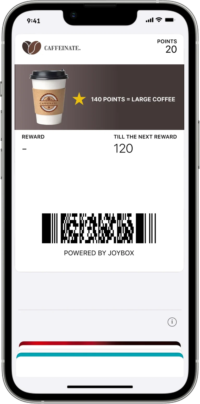 Coffee shop in Kuwait using a digital reward card loyalty program, with rewards added to Google Wallet and Apple Wallet, powered by Joybox.